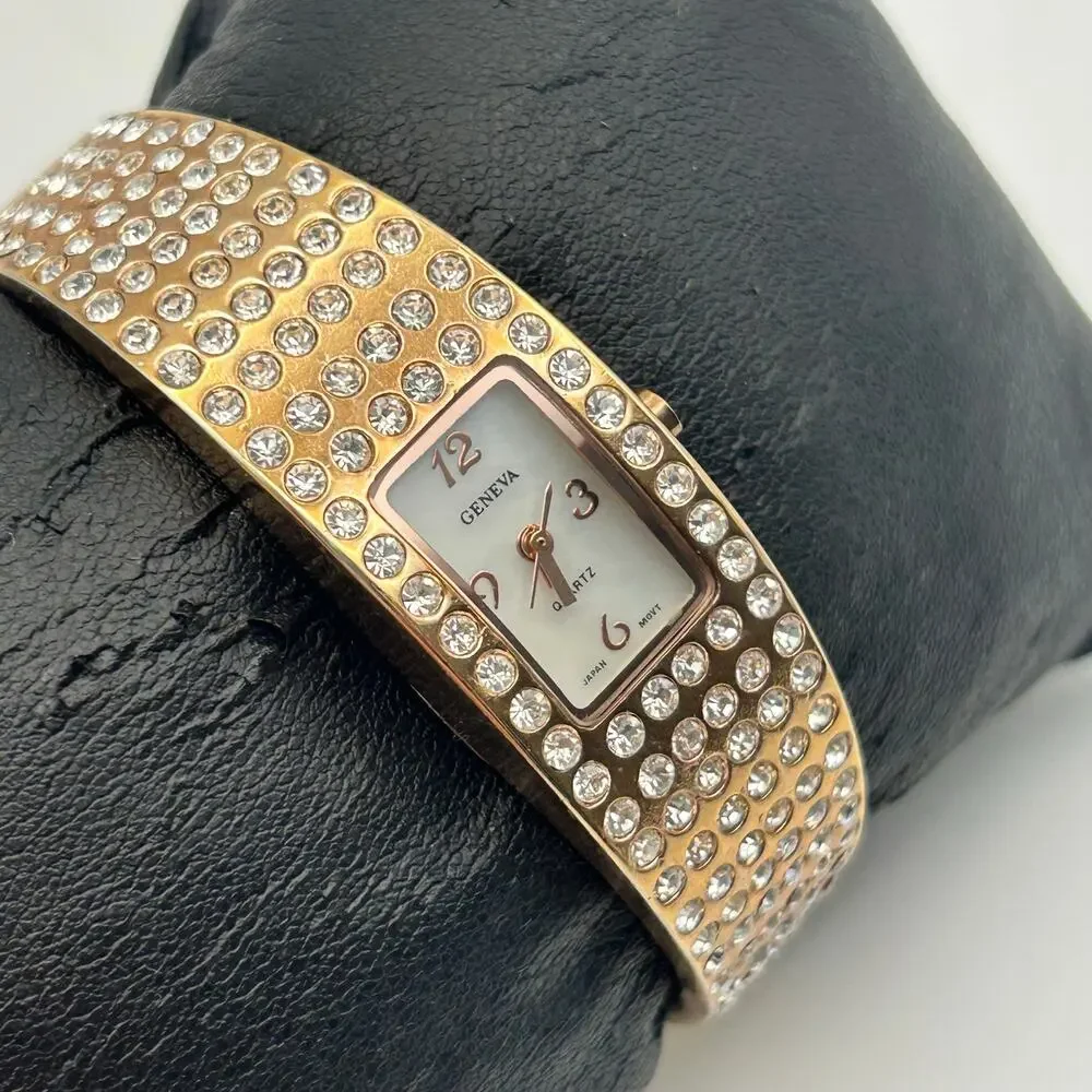 Geneva Rose Gold Crystal Embellishments Women’s Bangle  Watch New Battery